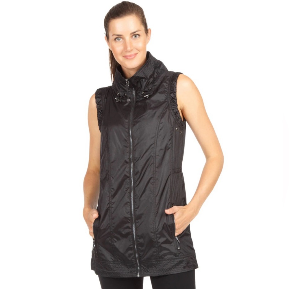 Lorna Jane Fuse Sleeveless Jacket Vest Athletic Black Long Length Chrome Funnel